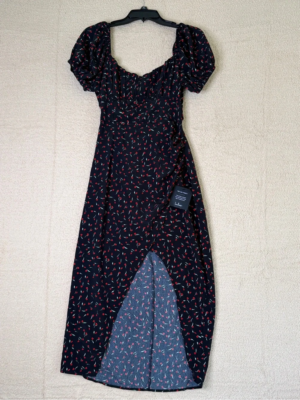 Lulus Compelling Flirt Black Floral Lace-Up Puff Sleeve Midi Dress Size S NWT - Picture 5 of 11